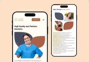 Two smartphones show Smile Care Clinic’s modern website UI, spotlighting brand imagery and sleek design for a web development portfolio.