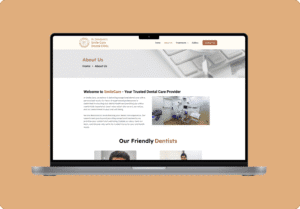 A laptop displays the Smile Care Clinic website’s About Us page, featuring clinic information, a dental chair photo, and an Our Friendly Dentists section. The background is a solid peach color. Perfect for portfolio showcases.