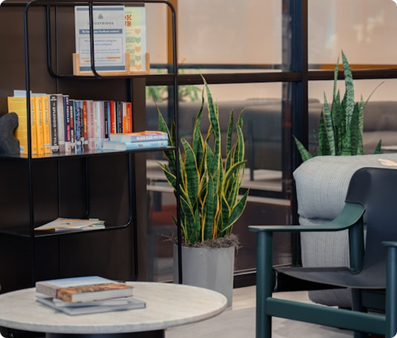 A cozy reading corner with a black metal bookshelf filled with books, two potted snake plants, a round table with magazines, and a green chair beside a glass wall—echoing the inviting atmosphere found in a great creative agency.